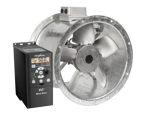 picture shows a silver Woods Compac axial exhaust fan with an inverter to control speed