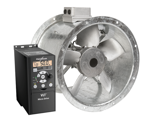 picture shows a silver Woods Compac axial exhaust fan with an inverter to control speed