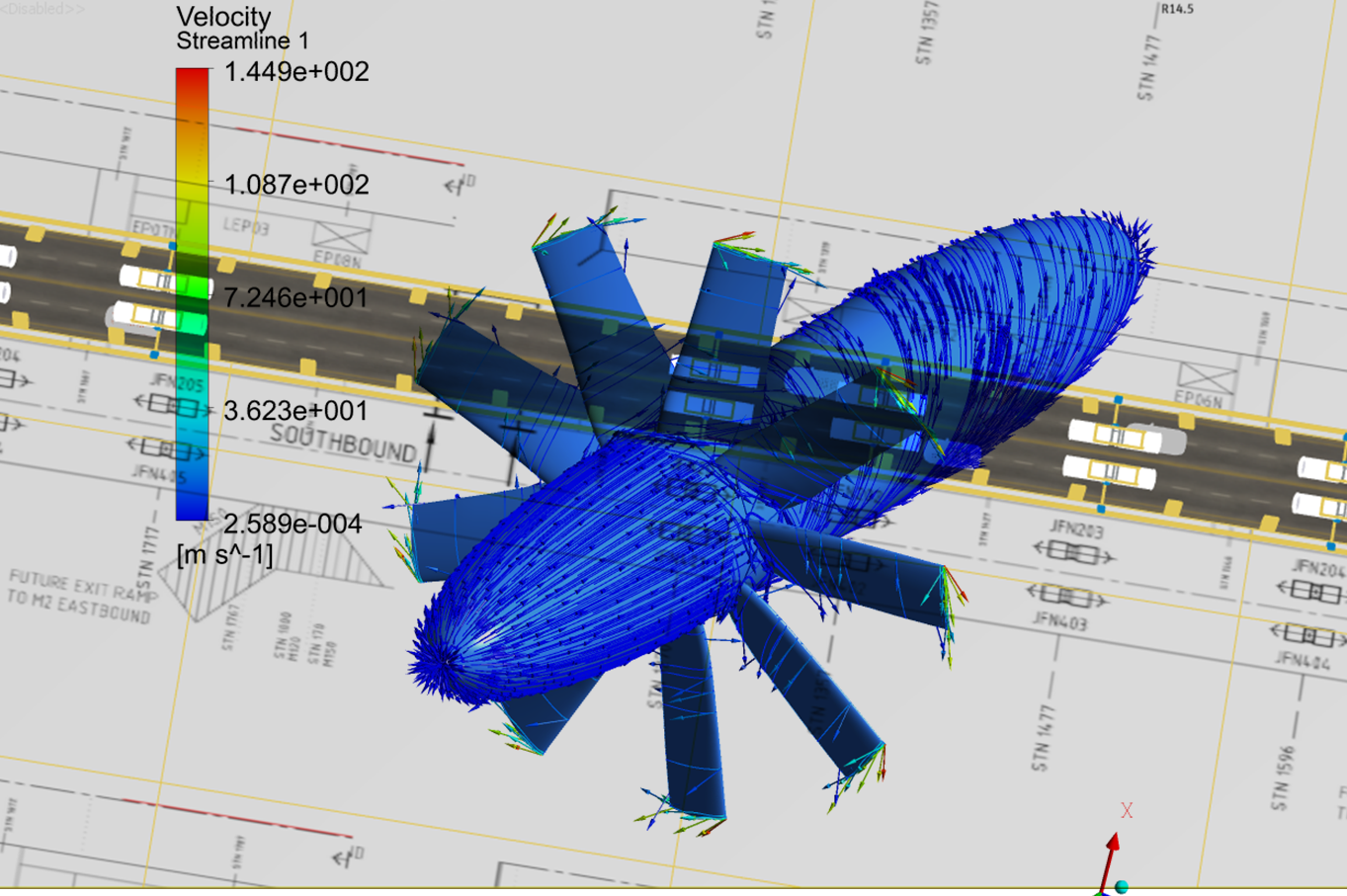 A montage showing computation fluid dynamics rendering of a tunnel fane with a background showing technical drawing details