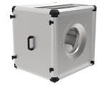 A cube-shaped box fan with black plastic corners and a handle on one side