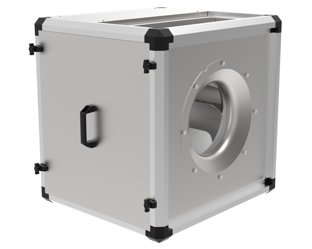 A cube-shaped box fan with black plastic corners and a handle on one side