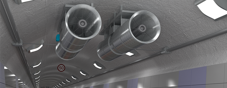 A banner photo showing two axial jet exhaust fans fixed to the ceiling of a road tunnel