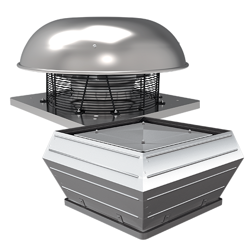A composite photo showing Woods standard temperature roof fans