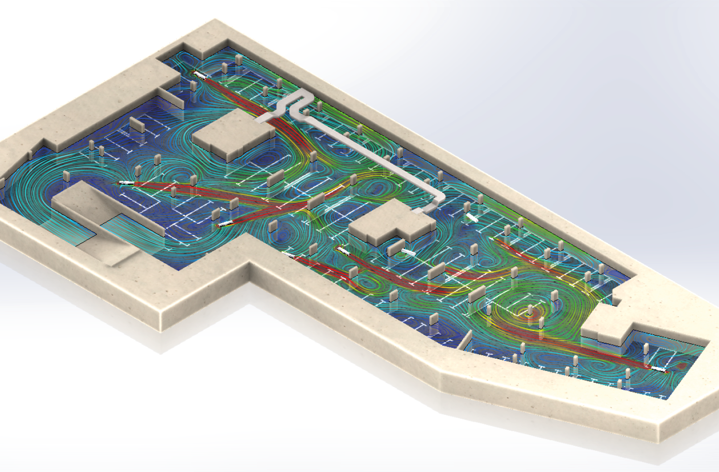 A CFD render or air movement in an underground car park