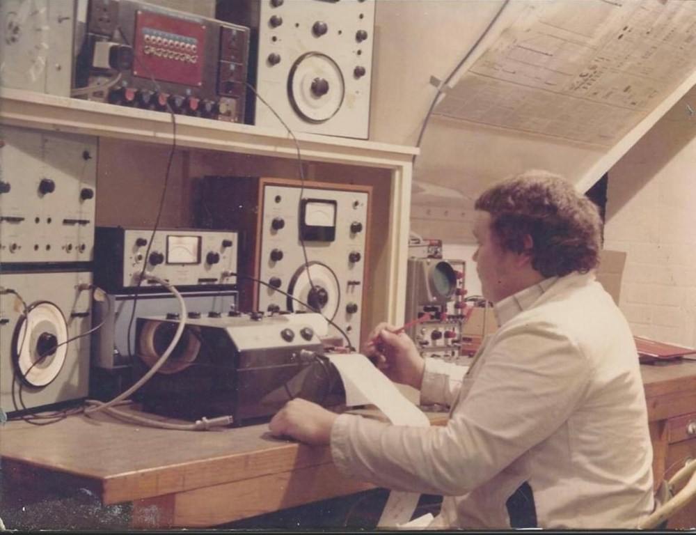 A young Peter Hunnaball working in the old acoustic lab as a lab engineer.