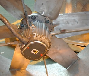 a photos of an induction motor behind a 6-bladed impeller