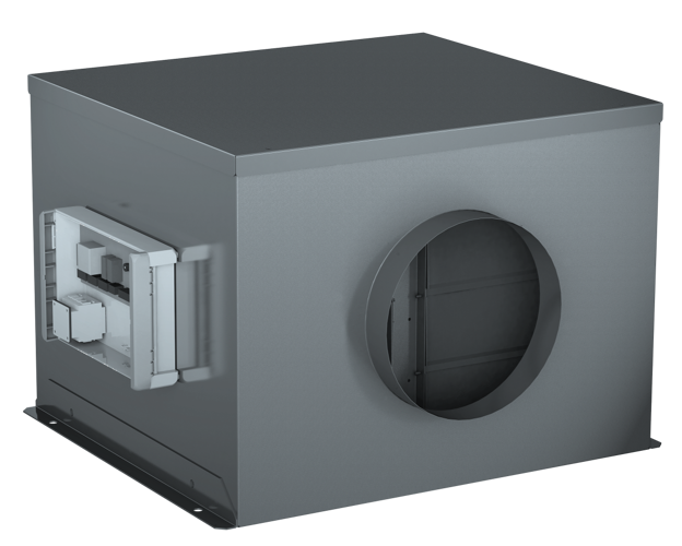 a grey metal box fan