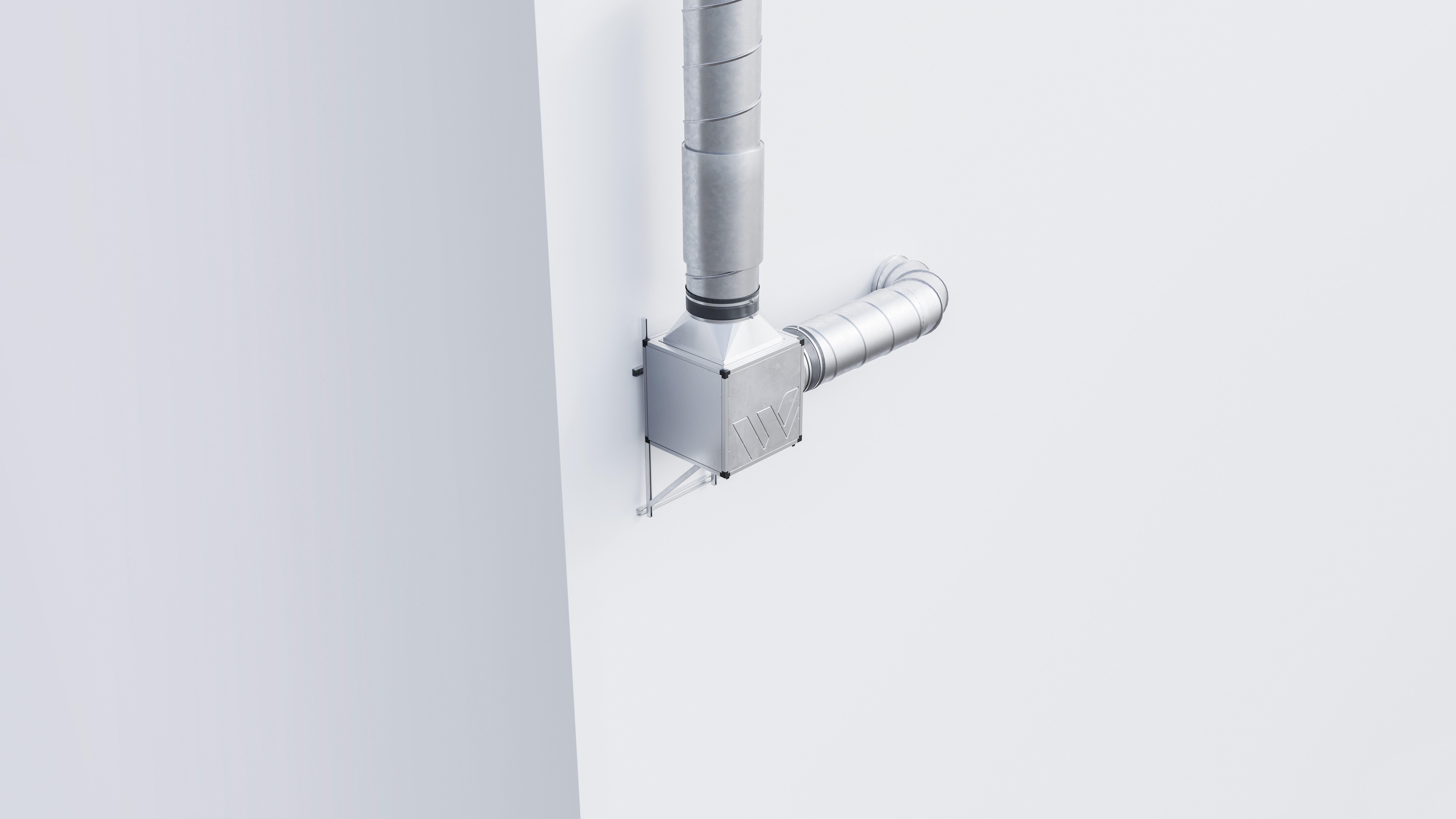 A CGI image showing a Woods Powerbox3 fan fixed to a wall with cylindrical ducting coming from the top and right-hand sides