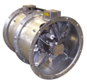 Photograph of the Woods MaXfan 2 two-stage axial fan with the terminal boxes outside the casing
