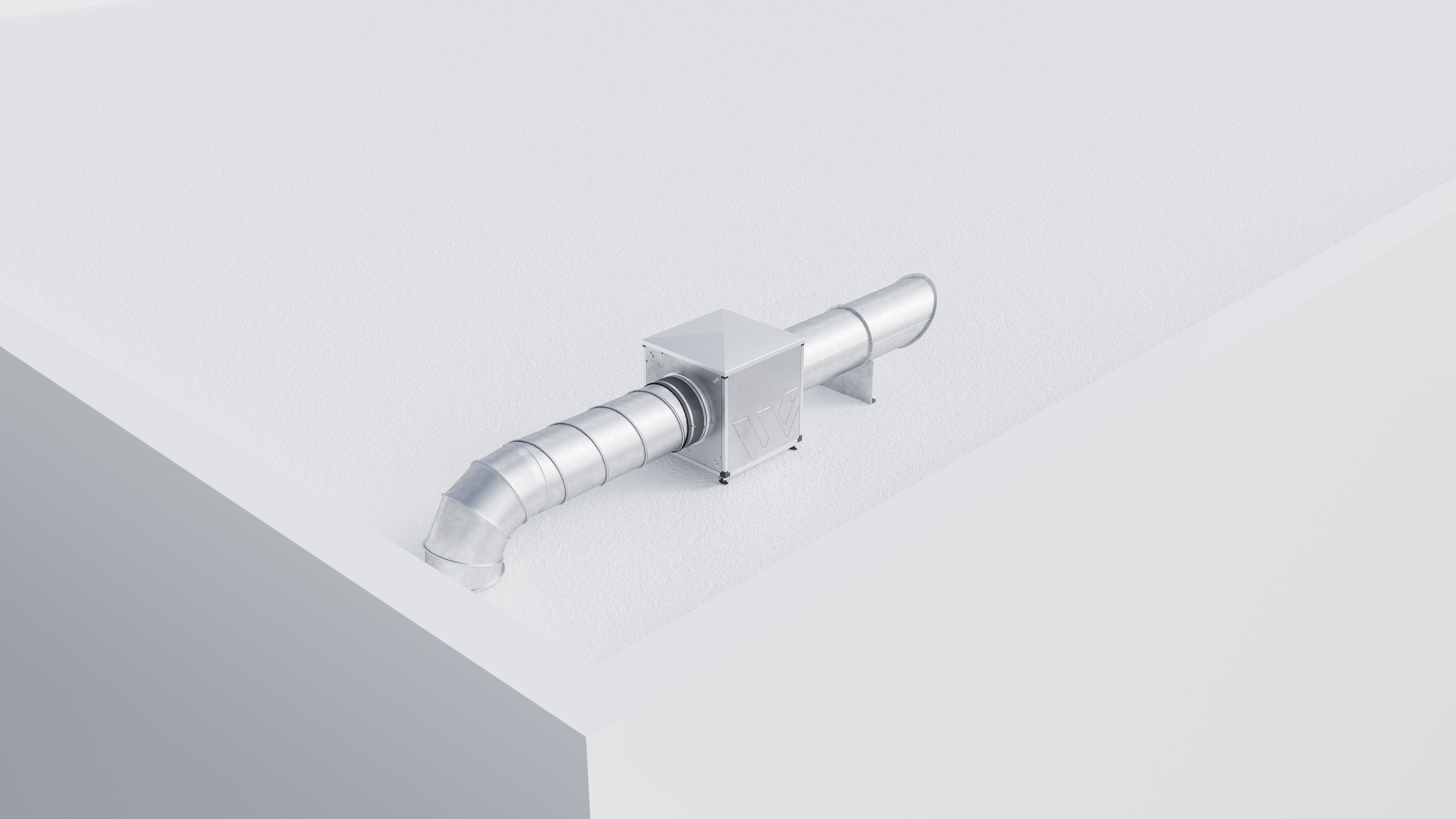 A CGI image of a Woods Powerbox 3 Fan on a flat roof with cylindrical ducting coming out of one side and down through the roof and out of the opposite side to a bird beak cowl