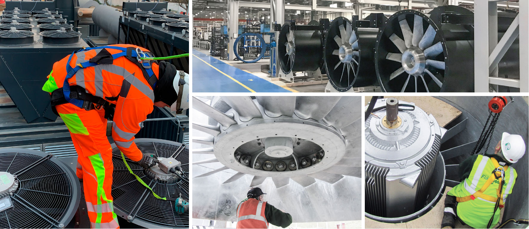 four photos of men working of different types of fan