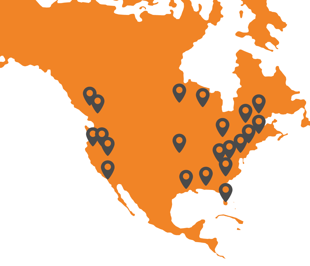 An orange map of North America with the locations of our distributors marked on it