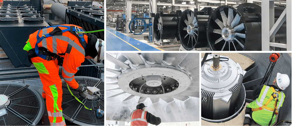 four photos of men working of different types of fan