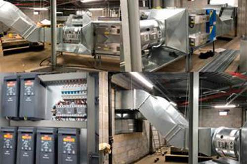 A composite photo showing different parts of the HVAC system installed with Wood inline fans