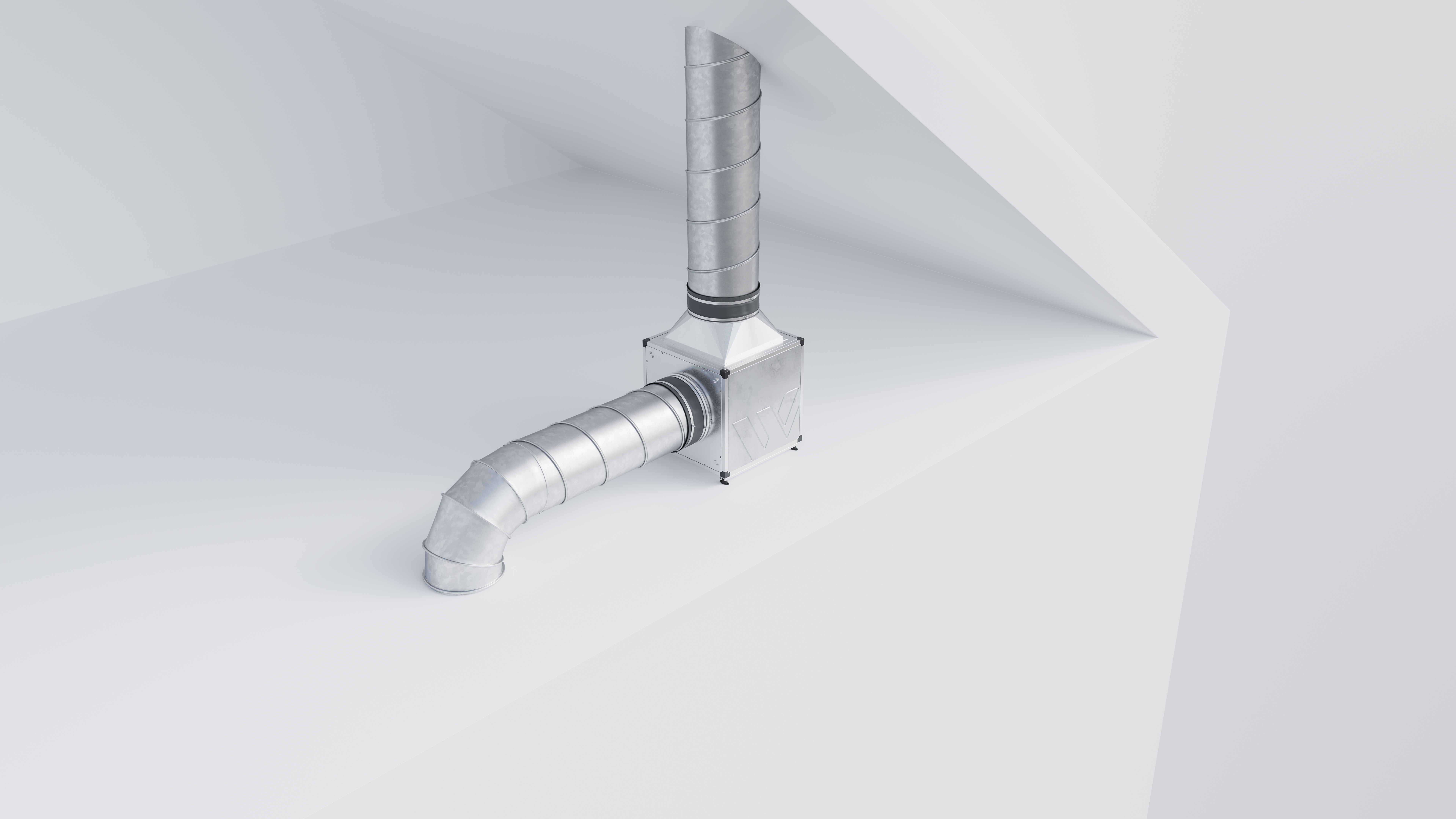 A CGI image showing a Woods Powerbox3 fan in a loft space with cylindrical ducting going from the top through the roof and from one side going down through the floor
