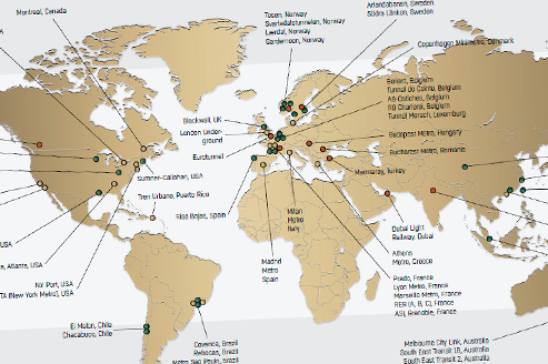 A world map with markers showing where the tunnel projects Woods has worked on can be found