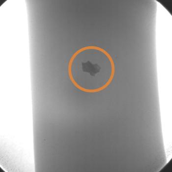 An x ray of an impeller blade with a an orange circle highlighting an imperfection