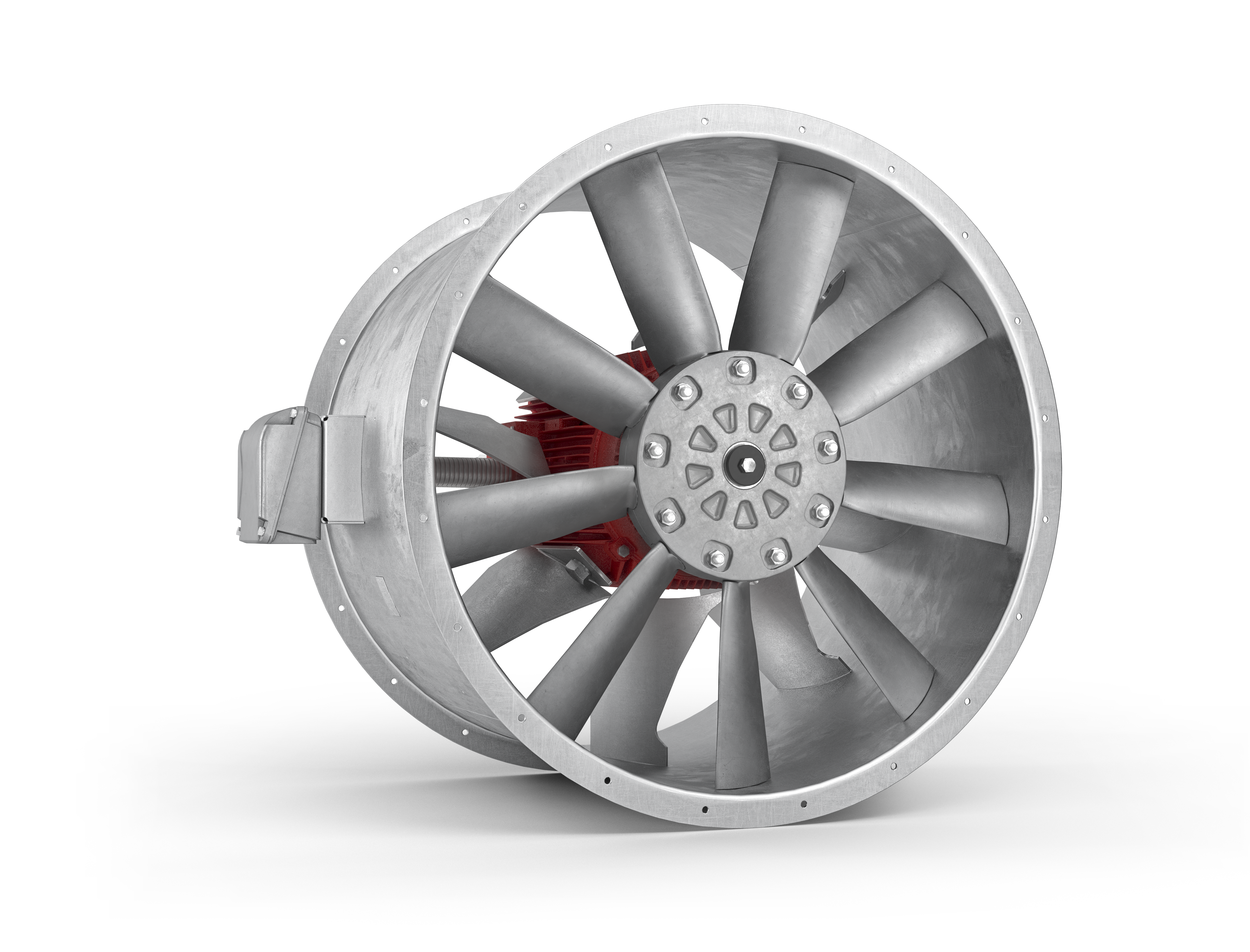 A product shot showing a Woods Axial Fan with a red high temperature motor